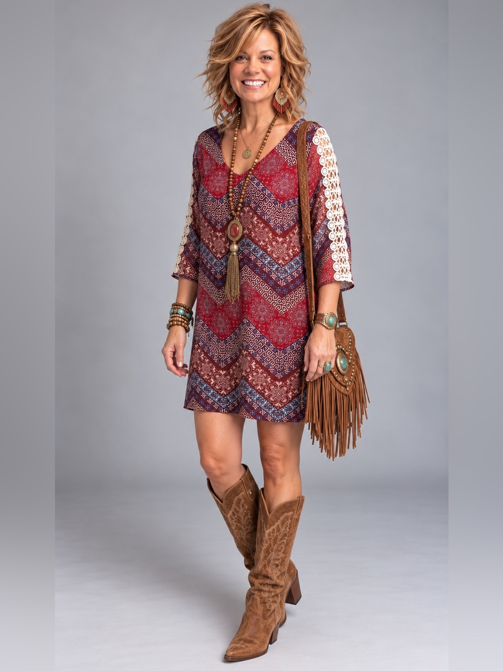 Pink Owl Multi Colored Boho Semi Sheer Lined Long Sleeve Mini Dress Top Size Med